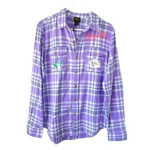Disney Pocahontas Characters Flannel Long Sleeve Shirt Purple Plaid Size Small